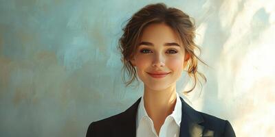 Smiling woman in professional attire poses confidently against a softly lit background photo