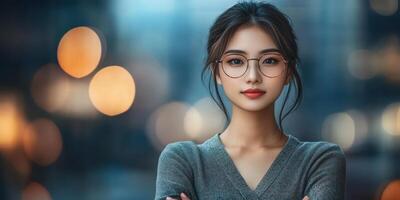 Young woman poses confidently in city street at twilight with soft bokeh lights in the background photo
