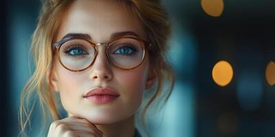 Young woman with glasses gazes thoughtfully, illuminated by soft background lights in a modern indoor setting photo