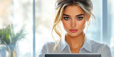 Young woman with captivating blue eyes focused on laptop indoors in a bright, modern workspace during daytime photo