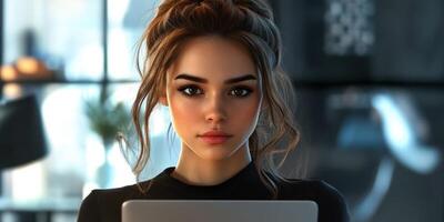 Young woman with expressive gaze working on tablet in modern indoor setting during daytime photo