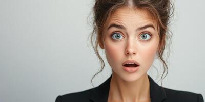 Surprised young woman expressing emotion with wide eyes and open mouth in a neutral setting photo