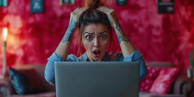 Stressful moment for a young woman in a cozy room as she faces a computer challenge on a busy afternoon photo