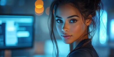 Young woman in a dark office setting looks back at the camera with interest and illuminated screens in the background during evening hours photo
