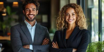 Professional colleagues smiling together in a modern office environment during the day photo