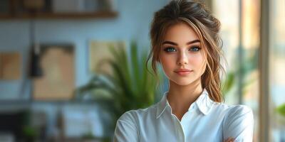 Young woman with long hair in a white shirt poses confidently in a bright indoor setting surrounded by greenery photo