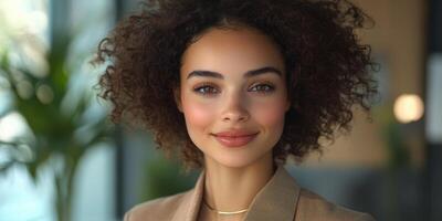 Confident woman with curly hair smiling in a modern indoor setting during daylight photo