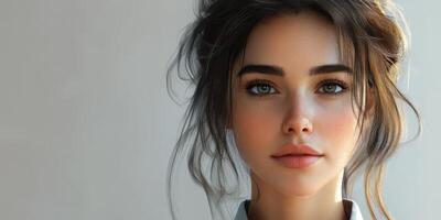 Young woman with natural beauty and soft features poses against a light background in a serene setting photo