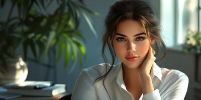 Engaging woman with captivating eyes seated in a bright room during daylight photo