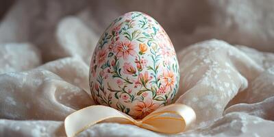 Decorative floral egg resting on soft fabric with a ribbon bow photo