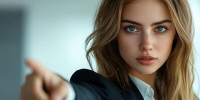 Confident young woman pointing directly at the viewer in a modern office setting during daylight photo
