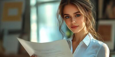 Young woman reading document in a modern workspace during afternoon sunlight photo