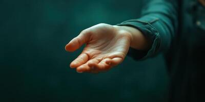 Open hand reaches out against a blurred green background in soft lighting photo
