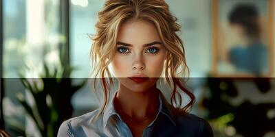 Young woman with striking blue eyes and wavy hair in a bright indoor setting during daylight hours photo