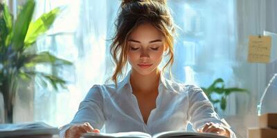 Young woman reading a book in a sunlit room with plants and a serene atmosphere during the afternoon photo