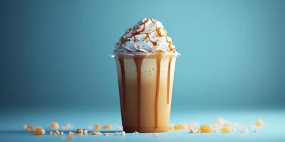Delicious iced caramel drink topped with whipped cream and drizzled caramel on a blue background photo