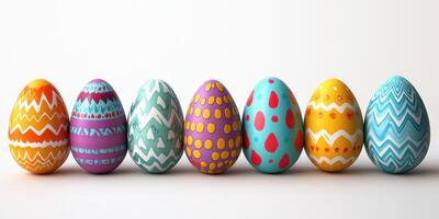 Colorful decorated eggs lined up on a light background suitable for spring celebrations or festivities photo