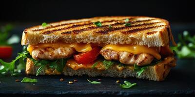 Grilled chicken sandwich with cheese, lettuce, and tomatoes on a black slate background photo