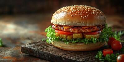 Savory burger with fresh ingredients served on rustic wooden board in warm lighting photo