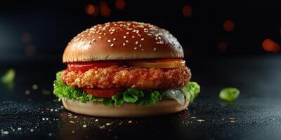 Delicious crispy chicken burger with fresh vegetables served on a dark background photo