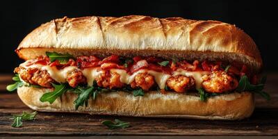 Delicious spicy chicken sandwich served on crusty bread with fresh greens and toppings in a rustic setting photo