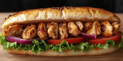 Grilled chicken sandwich with fresh vegetables on a wooden table at a casual dining spot photo