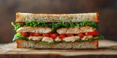 Fresh grilled chicken sandwich with lettuce and tomato served on toasted bread in a rustic setting photo