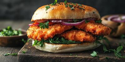Crispy chicken sandwich with fresh vegetables on a wooden surface in a rustic setting photo