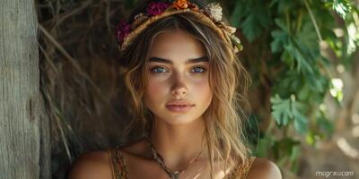 Young woman with flowing hair and floral crown poses against a rustic wooden backdrop in a natural setting during daylight hours photo