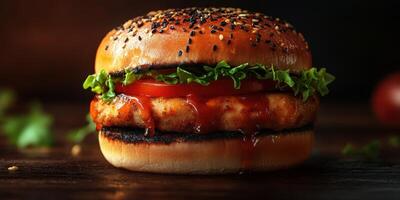Delicious grilled chicken burger with fresh vegetables on a rustic wooden table photo