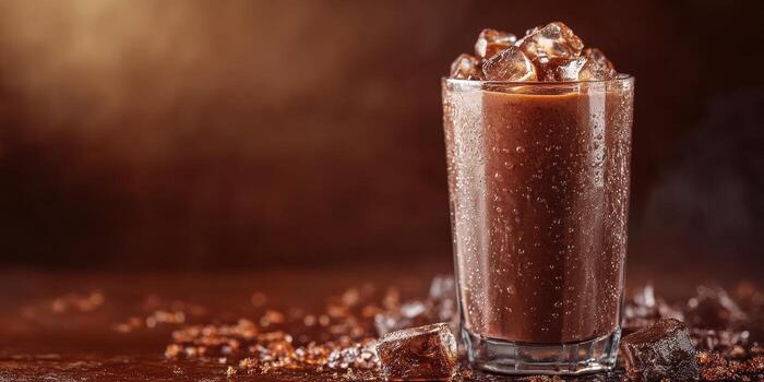 Delicious chocolate smoothie served in a glass with ice cubes and droplets on a wooden table in a cozy setting photo
