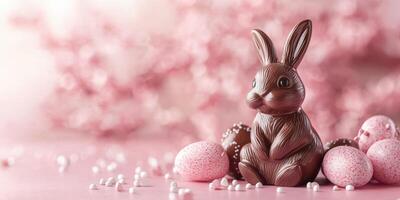 Chocolate bunny and pastel eggs on a pink background create a festive spring atmosphere for Easter celebrations photo