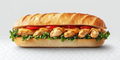 Freshly made sandwich with grilled chicken, vegetables, and sauce served on a toasted sub roll photo
