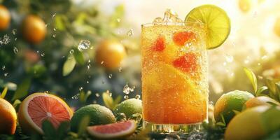 Refreshing fruit drink garnished with citrus in a vibrant garden during golden hour photo