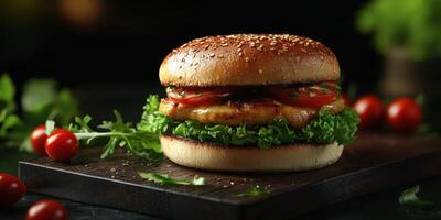 Delicious grilled chicken burger with fresh vegetables on a wooden platter photo