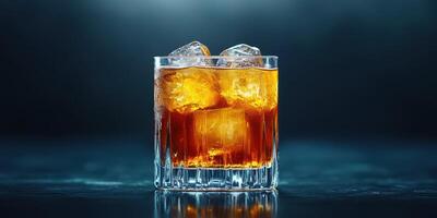 Refreshing dark beverage served over ice in a clear glass on a glossy surface with dramatic lighting photo