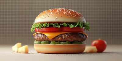 Delicious hamburger with fresh toppings and sesame seed bun presented on a textured surface photo