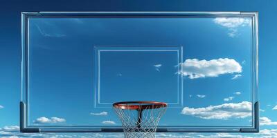Basketball hoop against a clear blue sky with fluffy clouds in the background during a sunny day photo