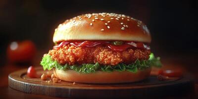 Crispy chicken sandwich with fresh lettuce and ketchup on a wooden board photo
