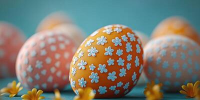 Colorful decorated eggs arranged beautifully on a teal surface with daisies scattered around for spring celebrations photo