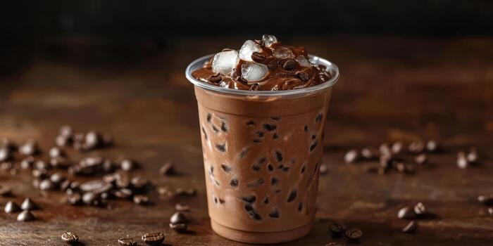 Refreshing iced coffee served in a clear cup with ice and chocolate on a wooden table photo