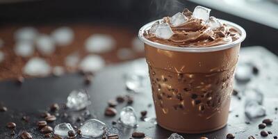 Chilled coffee beverage with ice and cream topped in a cozy cafe setting on a warm afternoon photo