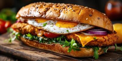 Delicious sandwich with fried chicken, fresh vegetables, and a sunny side up egg served on a wooden platter photo