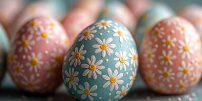 Colorful decorated eggs with floral patterns arranged for Easter celebration photo