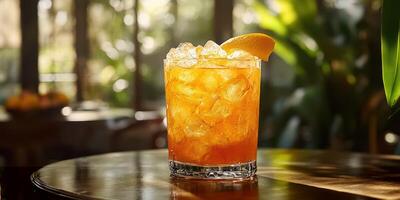 Refreshing cocktail with ice and orange garnish served in a glass at a sunny indoor setting during the afternoon photo