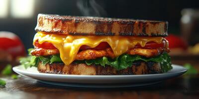 Juicy grilled chicken sandwich with melted cheese and fresh veggies on toasted bread served on a rustic plate photo