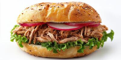 Delicious pulled pork sandwich with fresh vegetables on a sesame seed bun ready for enjoyment at lunchtime photo