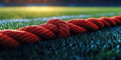 Red rope tied in a knot resting on green grass during sunset at a sports field photo
