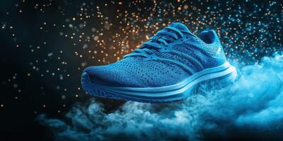 Bright blue running shoe illuminated with sparkling lights and surrounded by smoke effects at nighttime photo