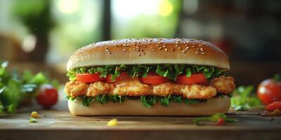 Delicious sandwich with crispy chicken, fresh lettuce, and ripe tomatoes served in a sesame seed bun photo